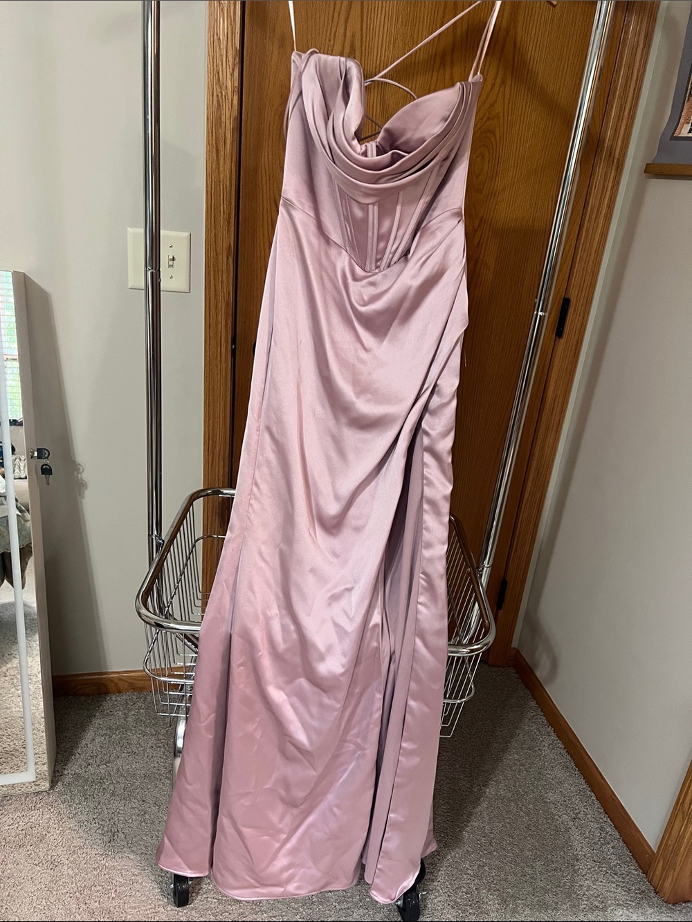 Elegant Mauve Satin Cowl Neck Evening Dress